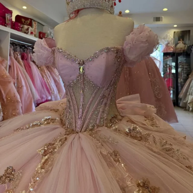 

Pink Quinceanera Dress off-shoulder crystal glitter flower Decal Long tail Bow Vestidos De 15 Quinceanera ﻿Customize