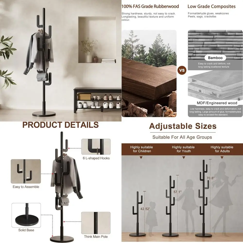 

Solid Wood Cactus-Shaped Freestanding Coat Rack with 6 Hooks and Adjustable Sizes for Home Entryways and Bedrooms
