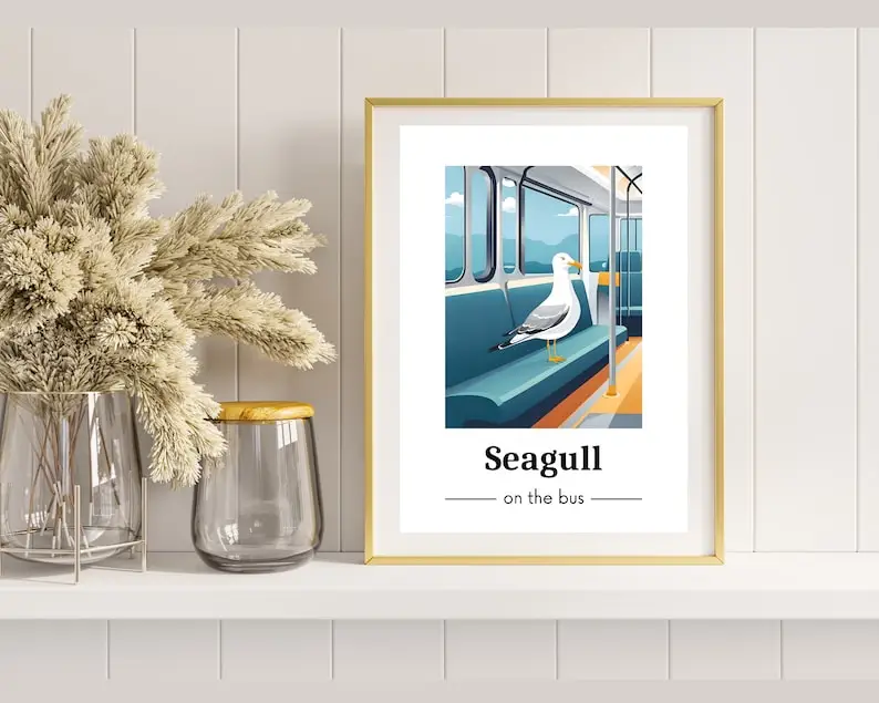 Custom Seagull Print, Animal Print, Fun Colourful Print, Seagull on the Bus. Bedroom Print. Customise the text.