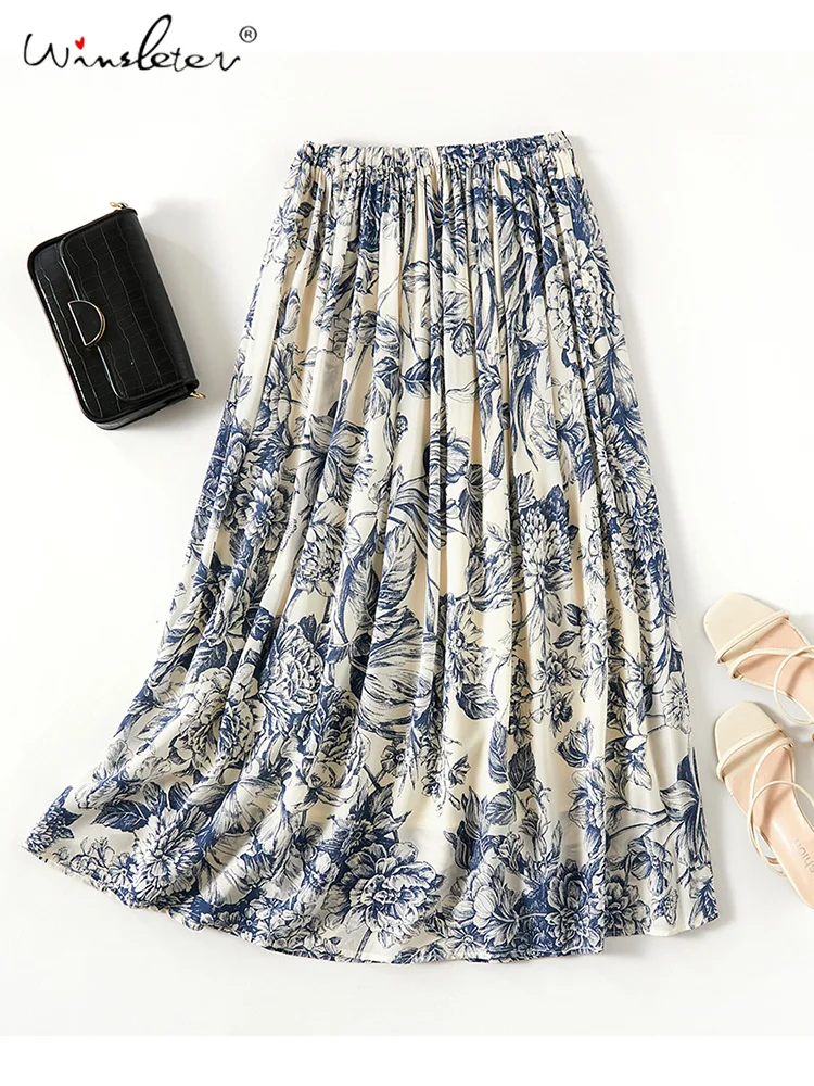 Winsleter, 100%Real Silk Elegant Skirts, Women Elastic Waisted Print, Commute A-Line Fashion Skirt, 2024 Summer Autumn B46828QM