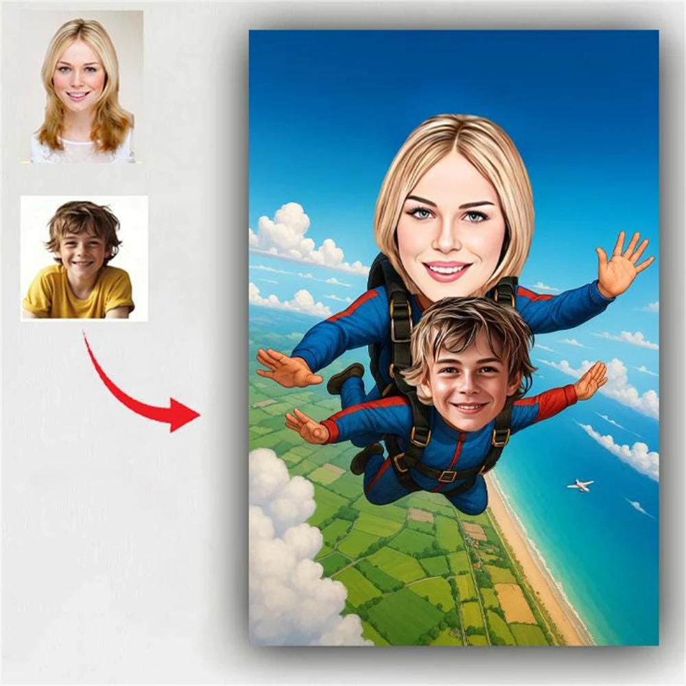 

Mother and Child Skydiving Portrait Poster Personalized Cartoon Art Prints Custom Family Canvas Painting Mother's Day Gifts Art