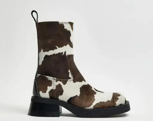 الشتاء النساء أسود براون البقرة طباعة الحصان الفراء أشار تو كتلة كعب حذاء برقبة للركبة أنثى أنبوب الانزلاق على الترفيه أحذية طويلة الأحذية