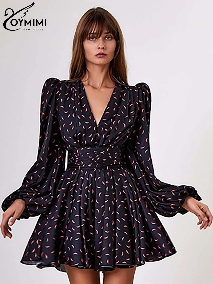 Oymimi Fashion Black Print Dresses 2024 Women Elegant V-Neck Long Sleeve Dresses Casual High Waist Pleated Mini Dress Streetwear