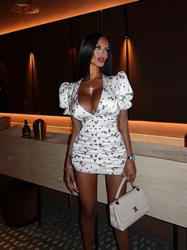 CNYISHE Puff Short Sleeve V Neck Prints Hip Wrap Women Dresses Sexy Club Sheath Fashion Female Bodycon Vestidos Robes Chic Slim 2