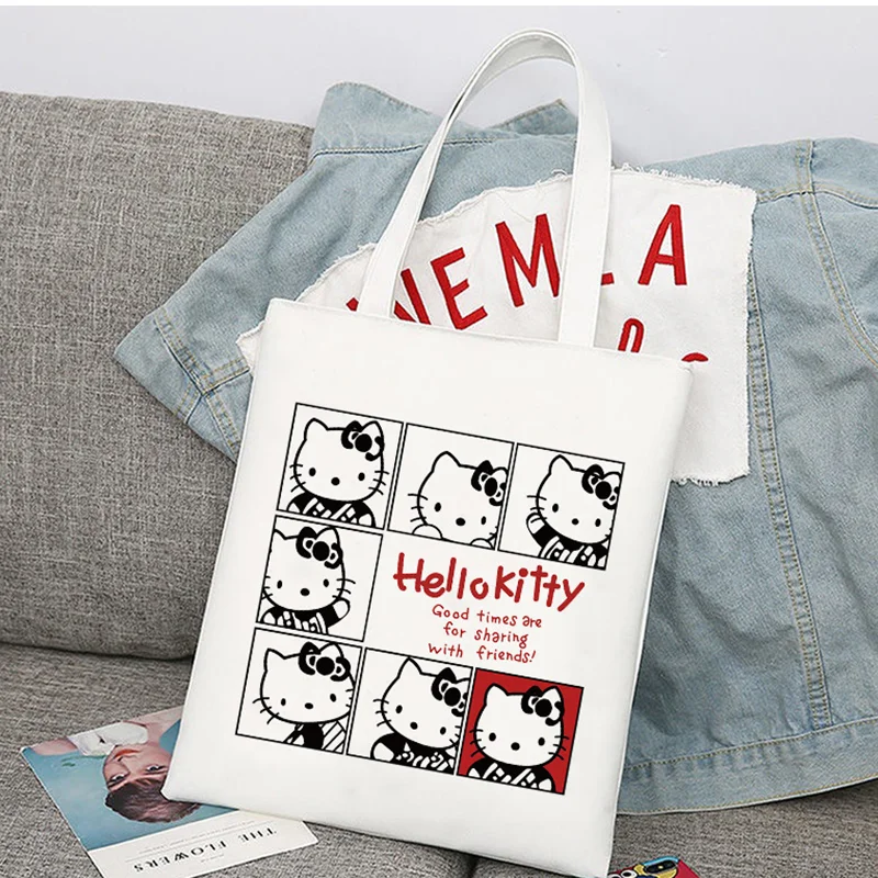 Hello Kitty Printed Canvas Bag Women Shoulder Bag New Fashion Eco friendly Reusable Shopping Tote Bag Foldable Canvas Bag