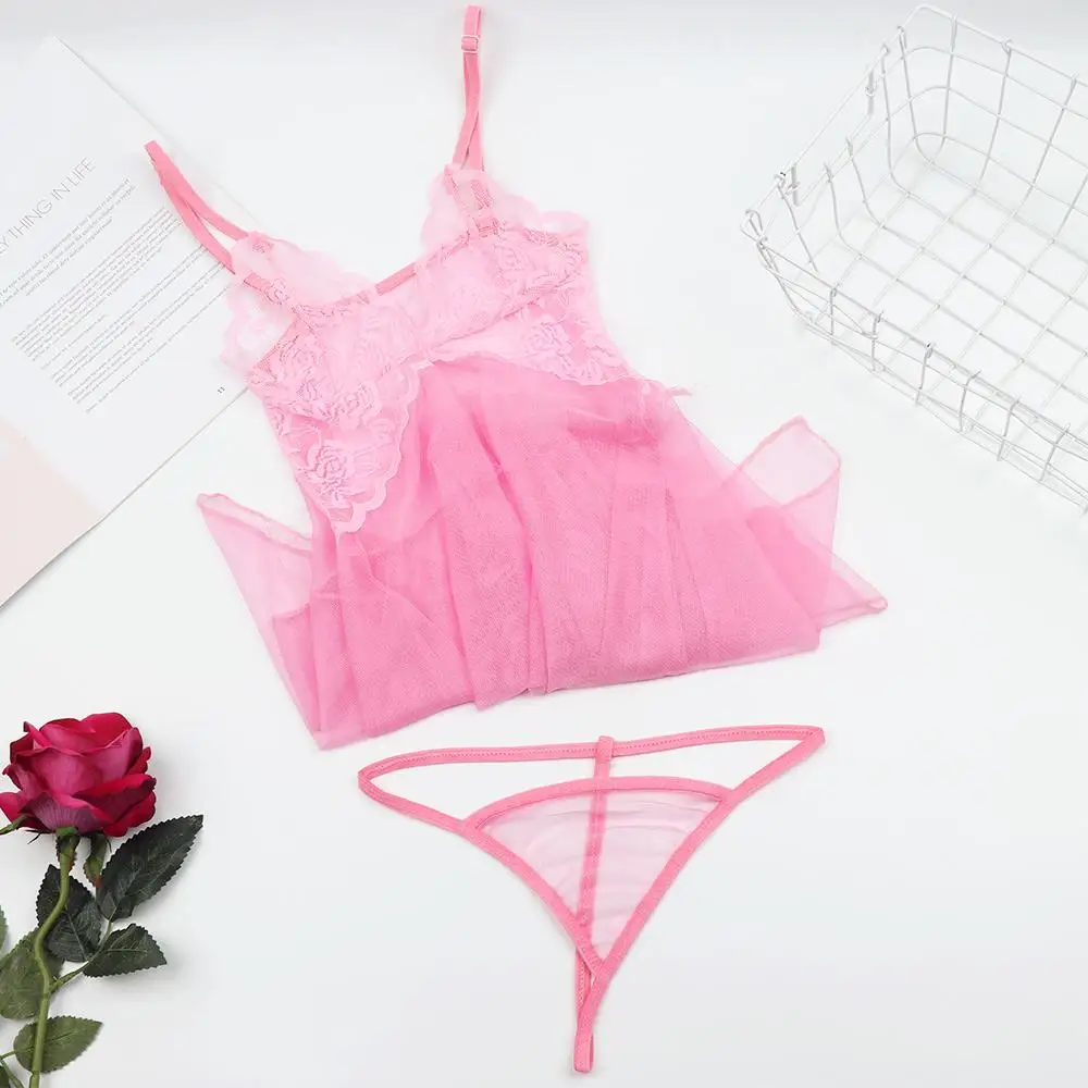 Gaun Malam Diskon Besar Seksi untuk Wanita Pakaian Tidur Babydoll Transparan dengan Pakaian Dalam G-string Pakaian Tidur Renda Set Lingerie Wanita