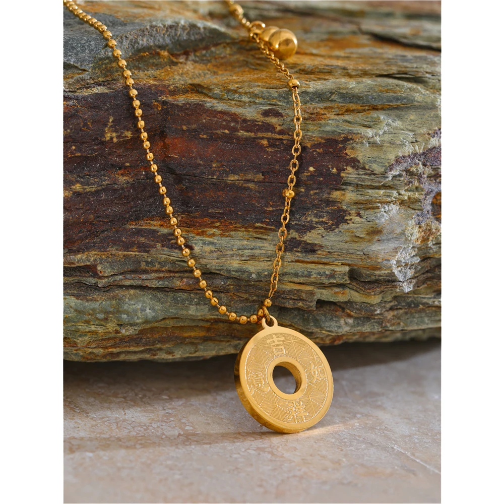Yhpup Good Luck & fortune China Style Round Gourd Pendant Necklace Waterproof Stainless Steel Gifts for Family & Friend Jewelry