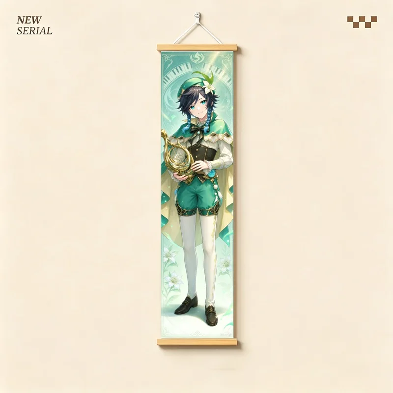 Hanging Scroll Wall Art of Genshin Impact Venti with Green Wind Motifs on Silver Shimmer Canvas for an Anime Bedroom