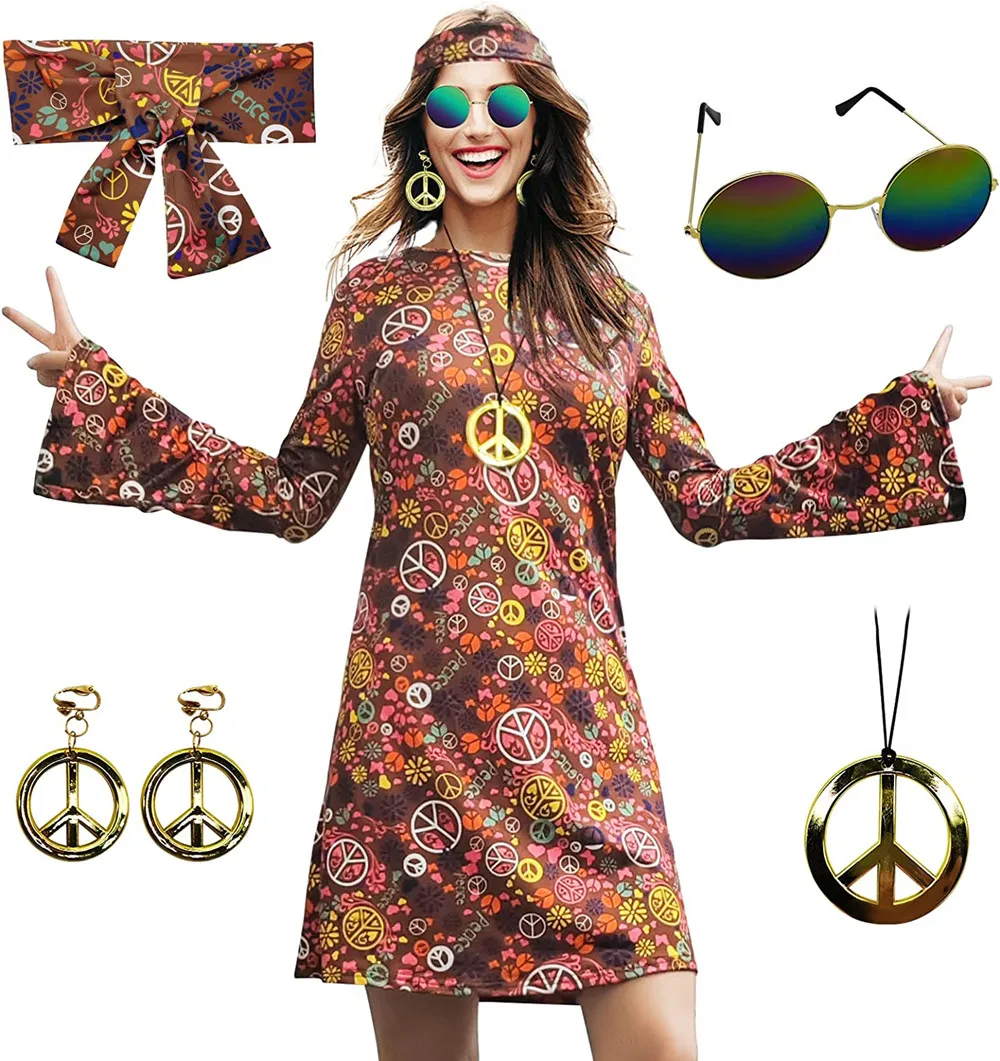Women\'s Halloween Floral 1960\'s 1970\'s Hippie Costume Dress Women Hippie Costume Set  Halloween Party Disco 70\'s Dance Costume S