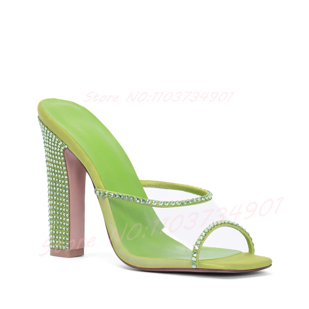

Crystal Clear Pvc Strap Heeled Mules Women Green Satin Square Toe Block Heel Mules Lady Party Sparkling Gems Peep Toe Shoes