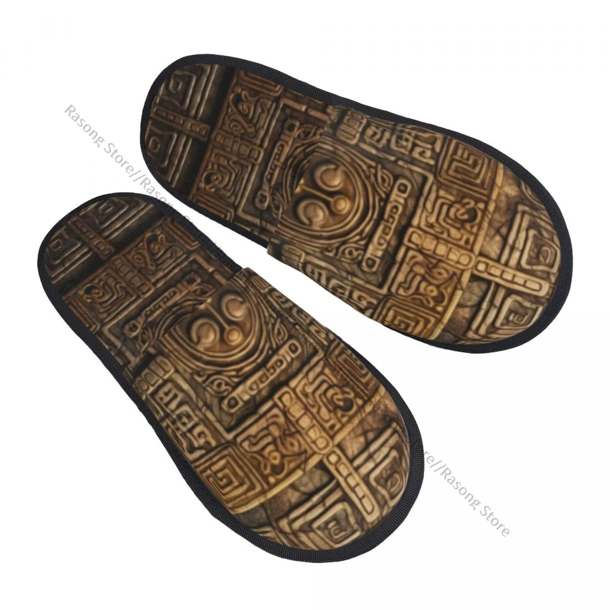 Plush Indoor Slippers Embossed Egyptian Stone Wall Warm Soft Shoes Home Footwear Autumn Winter