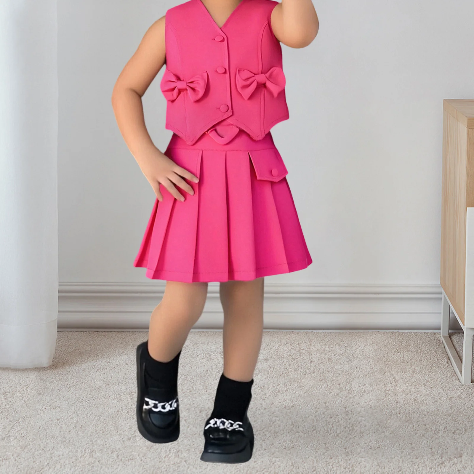 1-6Y طفل صغير الفتيات وتتسابق الصلبة الانحناء زر حتى الخامس الرقبة بلوزات بلا اكمام البسيطة مطوي تنورة حزام 3 قطعة مجموعات الأطفال #1