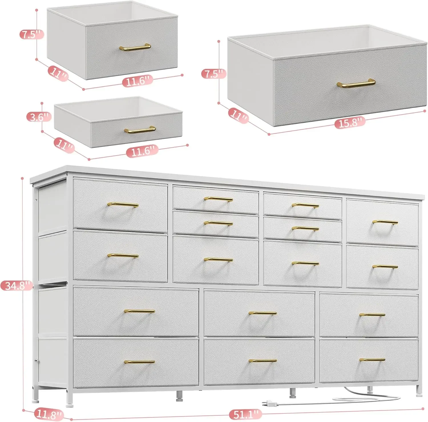 Dresser TV Stand with Power Outlet & USB White Dresser for Bedroom with 16 Drawers TV Stands for Living Room TV Stand wi