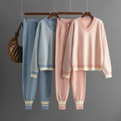 Autumn Winter New Sweater Suit Knitted Striped V-Neck Loose Long Sleeve Commuter Sweater Packet Pants for Women Two-Piece Set