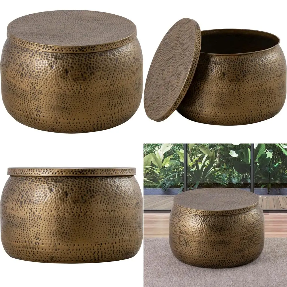 Contemporary Aluminum Drum Coffee Table with Hammered Texture and Removable Lid for Storage, Fully Assembled