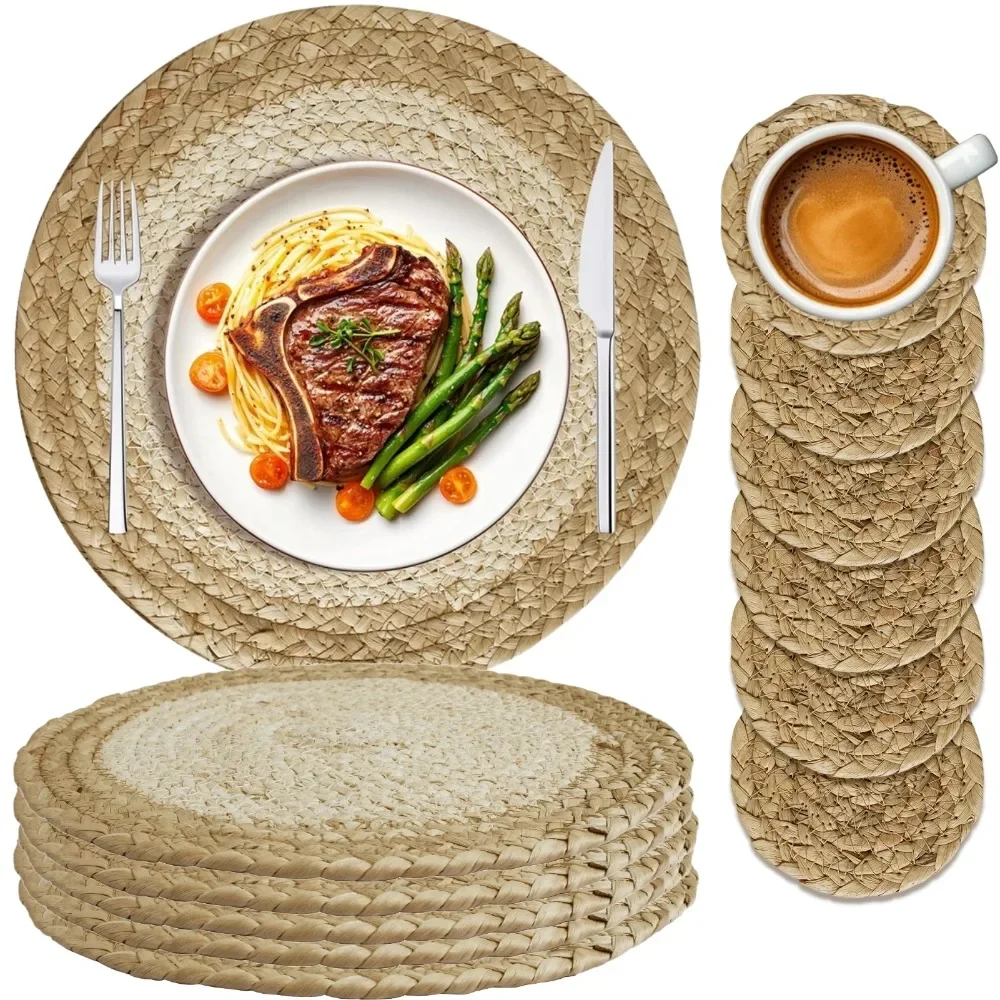 

Set of 6 Boho Placemats with Coastor Handmade Natural Water Straw Woven Table Mats Farmhouse Style Placemats for Dining Table
