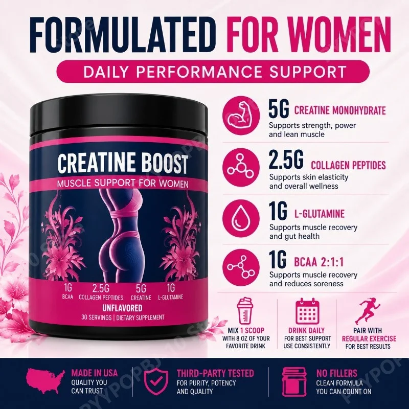 Creatina para Mujeres, Suplemento para Aumentar Glúteos con Colágeno y BCAA, Apoya el Desarrollo Muscular, Recuperación Post-Entrenamiento, Elasticidad