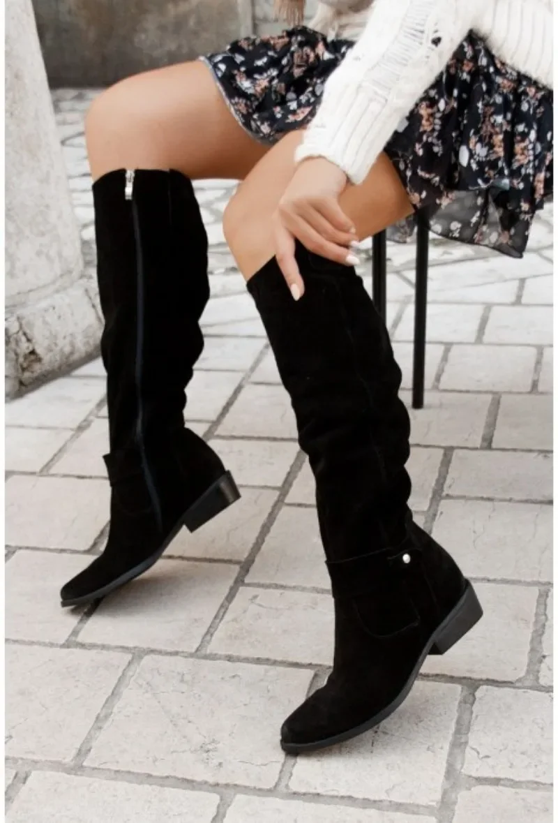 New Fashion Low Heel Side Zip Suede Thigh High Women\'s Boots Retro Woman Booties Autumn Winter Knee High Boots