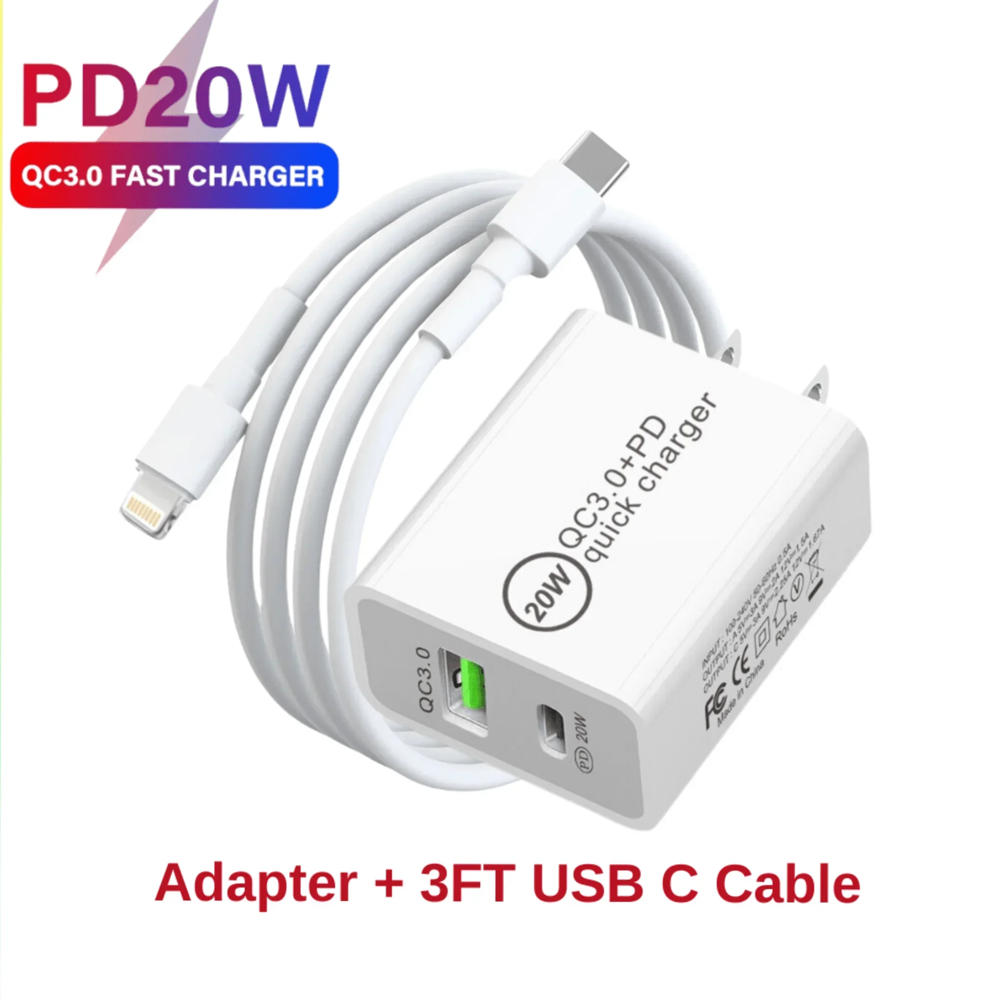 3pcs MFi Certified For IPhone QC3.0+PD Charger Set - Super Fast Wall Charger With 4FT USB-C Cable - Rapid Charging For IPad