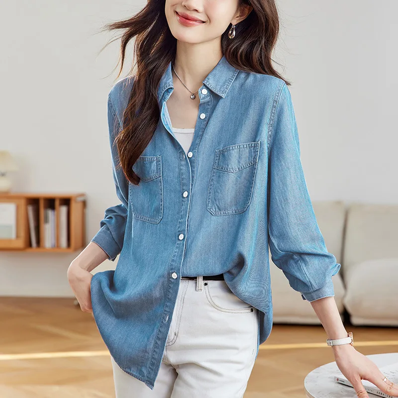 

Blouses Women Denim Shirt Turn Down Collar Full Sleeve Tops Work Y2k Streetwear Elegant Splice Shirts Casual Regular 2025
