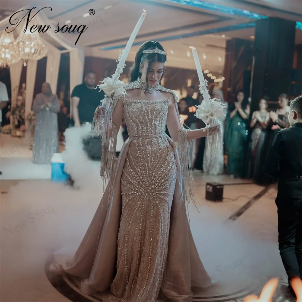 Coutures Champagne Beaded Evening Dresses Crystals Wedding Party Gowns Detachable Skirt Prom Dress Vestidos De Gala Customized