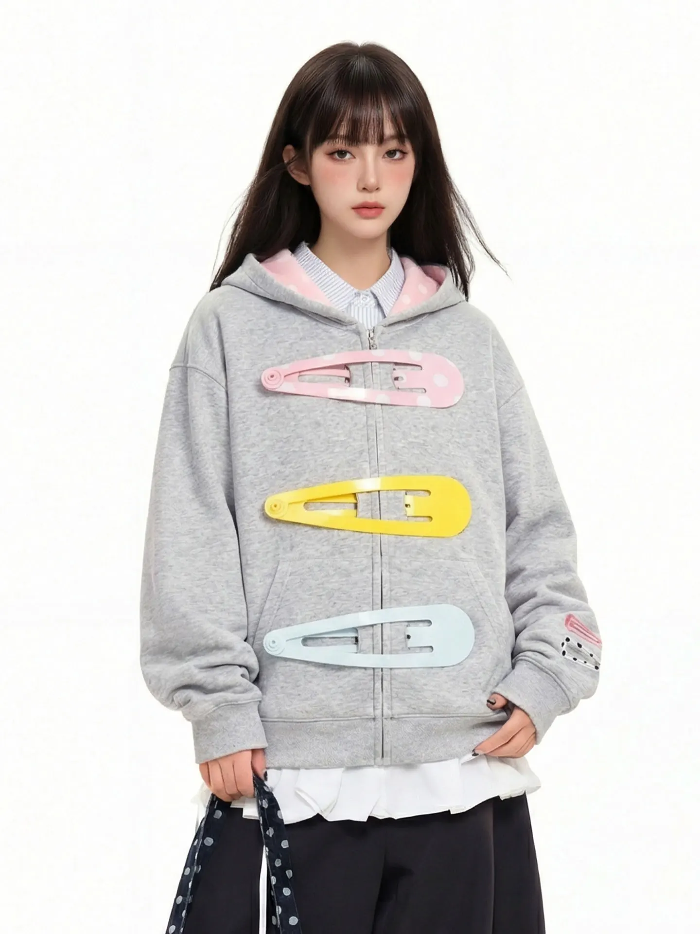 

K787 American Sle Casual Cute Hair Clip Hoodie ex Loose Youthful Sweet Spring Zipper Jaet Cotton Polyester Blend