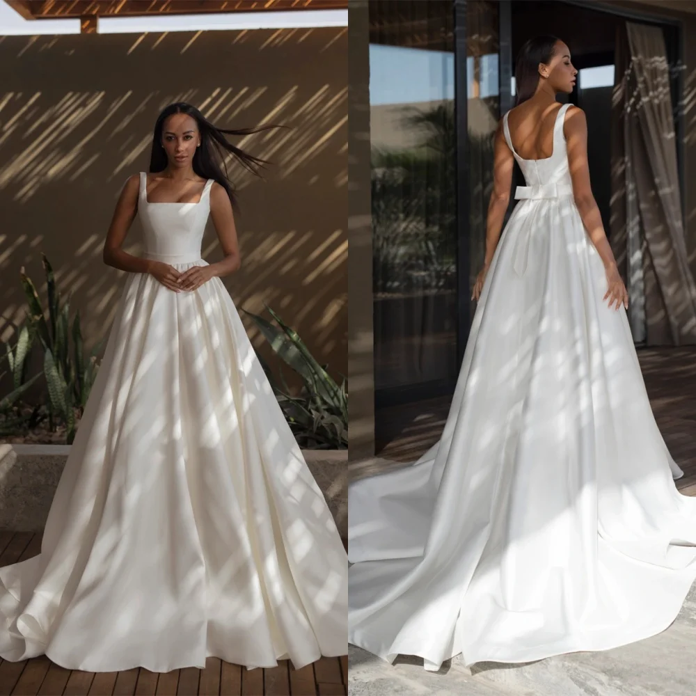 Vestido de novia de satén blanco exquisito personalizado, temperamento, cuello cuadrado, tirantes finos, sin mangas, cola capilla, vestidos de novia