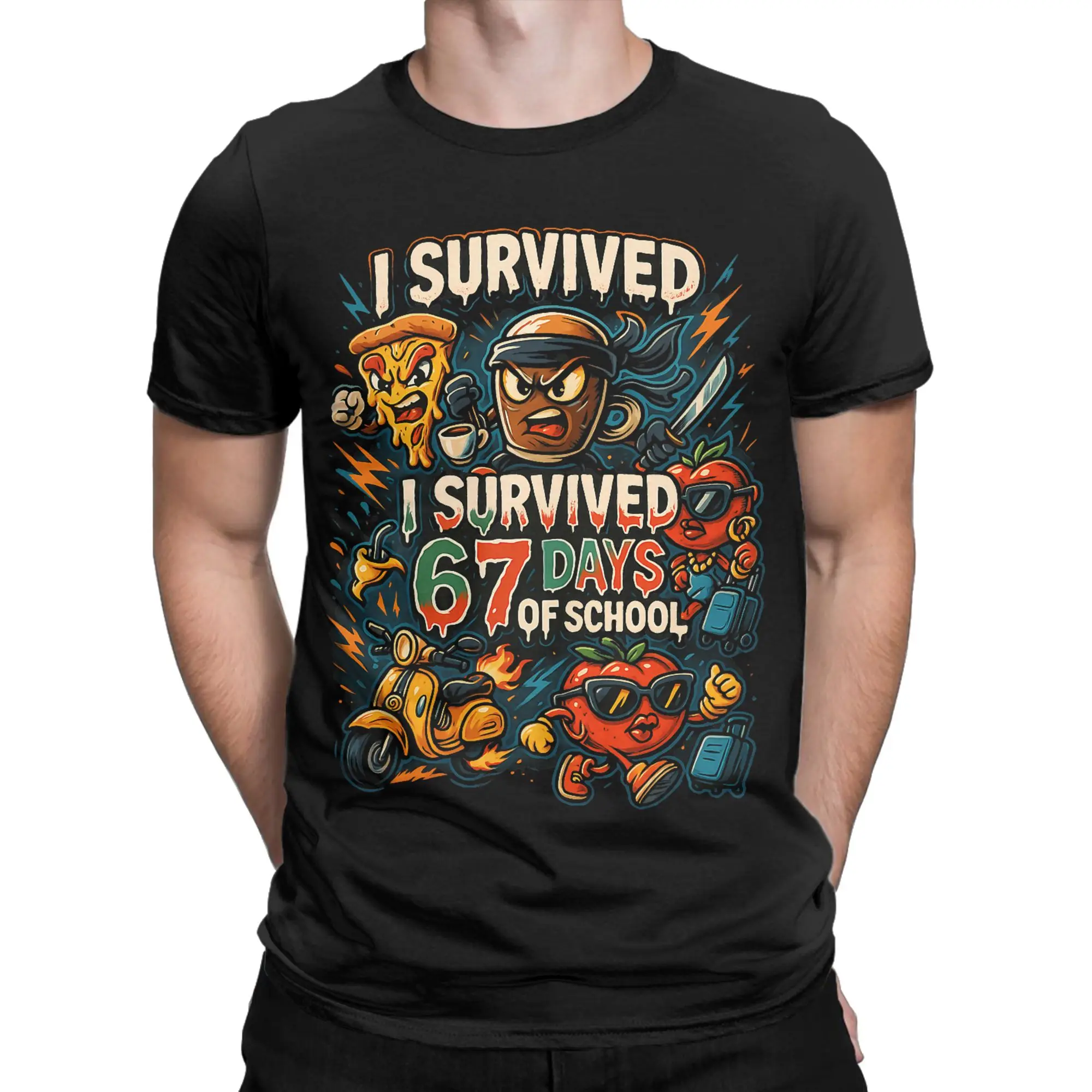 Mens T Shirt Italian Brainrot 6 7 Meme Z Gen I Survived 67 Days of School Premium Tri-Blend T Shirts Tee Shirt Aesthetic Tops