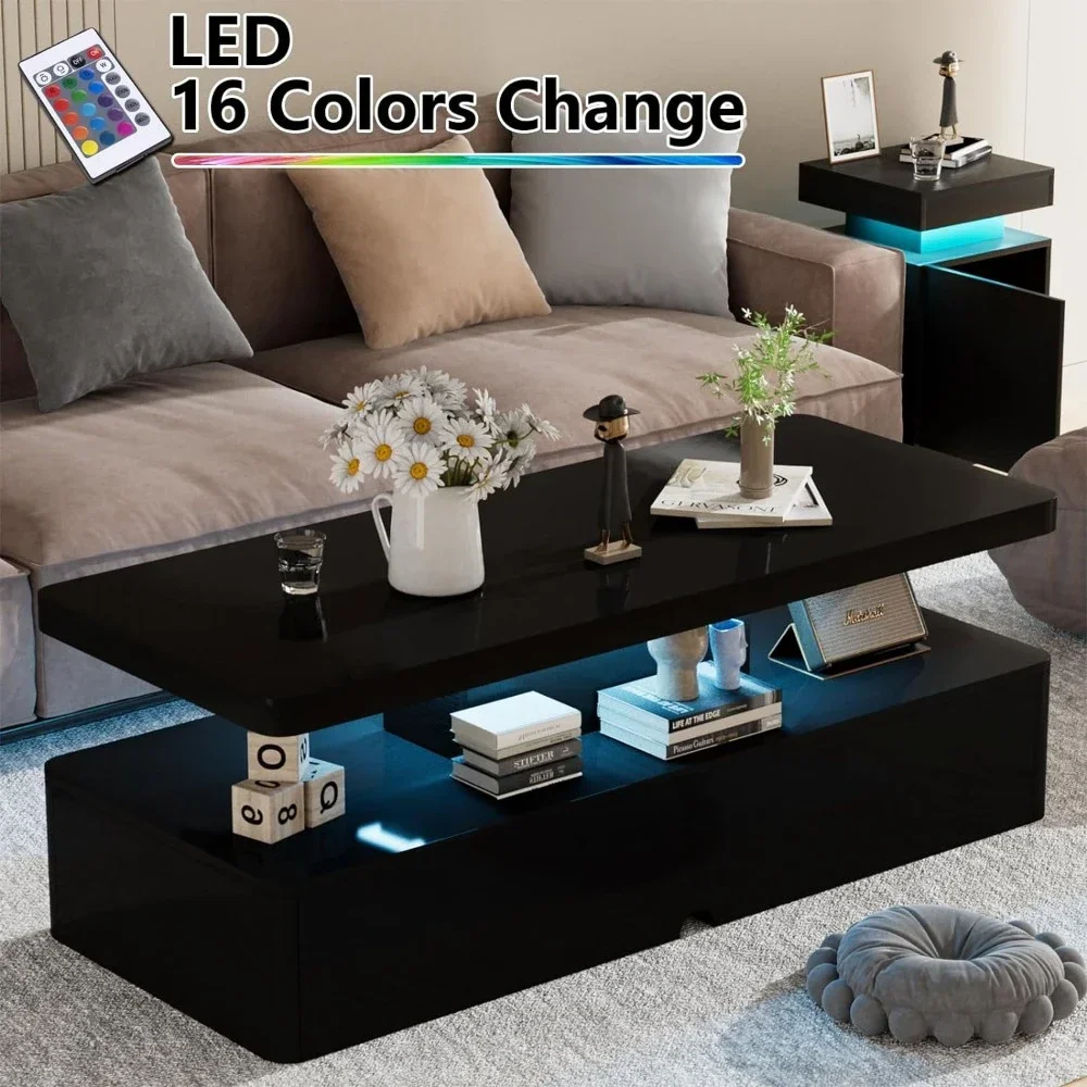 Coffee Table Double-Layer Design for Living Room Black Modern Stylish Coffee Table With 16 Colors LED Lights Tables Center Café