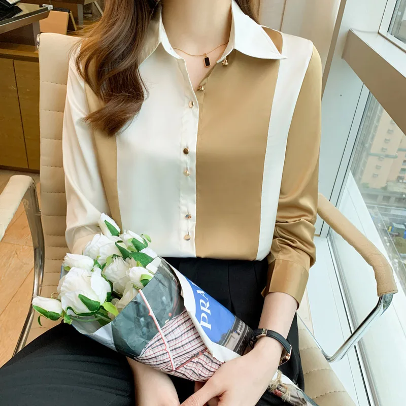 Women Yellow White Patchwork Fashion Shirts Lady Elegant Contrast Style Loose Button Cardigan Spring Fashion Casual Blouse Tops