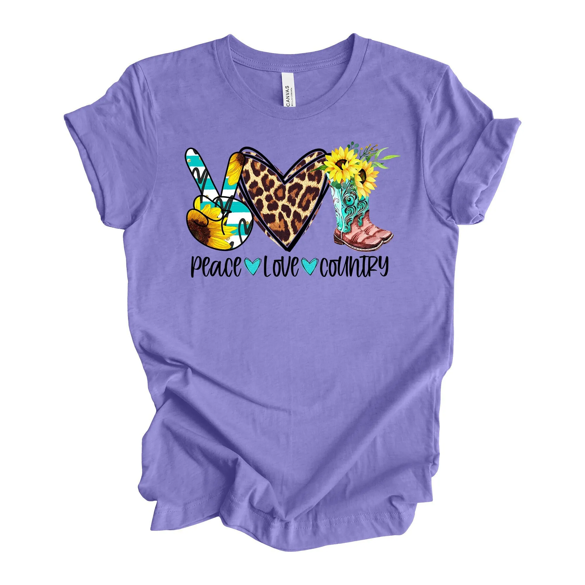 Country Girl T Shirt Peace Love Cowboy Boot Sunflowers Design On Premium Unisex 3 Color Choices Plus Sizes Available