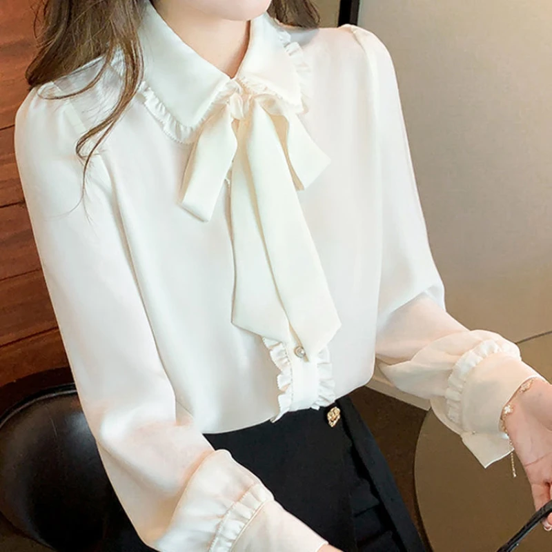 Camisa blanca de gasa con pajarita para mujer, blusa de moda Coreana de encaje, camisa de manga larga elegante para mujer, ropa informal 2022