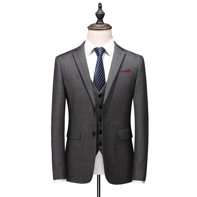KIDWHXR Suit Outfit Man Simple Plaid Single-breasted Blazer Male V-neck Vest Straight-leg Pant Men Business Casual 3-piece Set