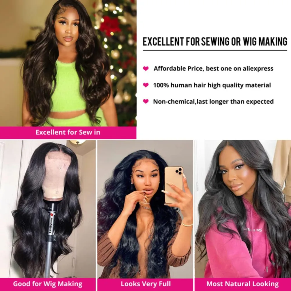 Mèches Body Wave brésiliennes naturelles pour femmes, extensions de cheveux humains, noir naturel 1B, 13x4, 100%