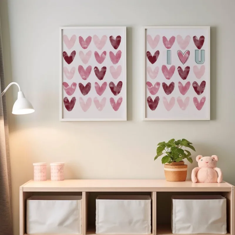 

Pink & Blue Hearts Wall Art Poster, Fun Romantic Retro Art for Valentine, Frameless Canvas Painting for Living Room Decortions