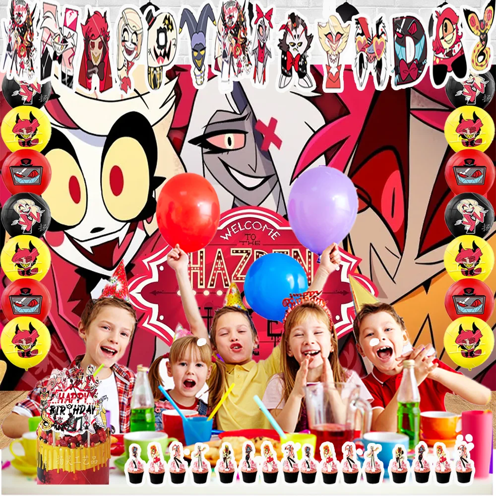 Hazbin Hotel Thema Geburtstag Party Supplies Film Hazbin Hotel Ballon Cupcake Topper Banner Hintergrund Baby Shower Geschenk Requisiten – Detail 5