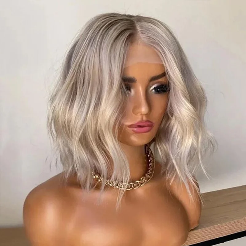Short Bob Highlight Ash Blonde  Hair Wigs Ombre Blonde Lace Front Curly Wig