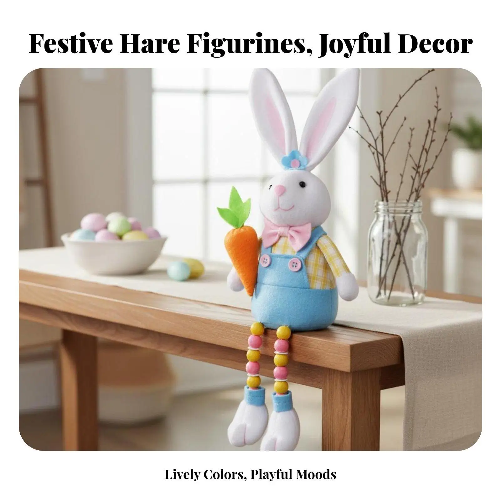 Non Woven Easter Bunny Figurine Duo with Carrot and Blossom for Farmhouse Shelf Decor Miniature Rabbit Decor Figurine
