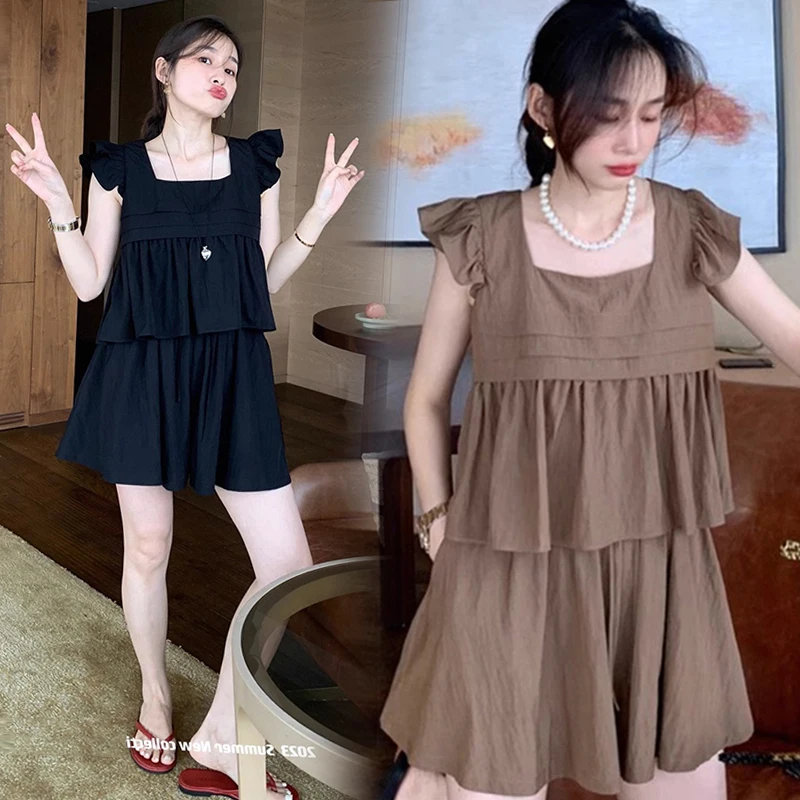 

2024 Pregnant Women's New Solid Color Ruffle Flying Sleeves Shirt+Shorts Two Piece Loose Waist Shorts Set Maternity Clothes Set