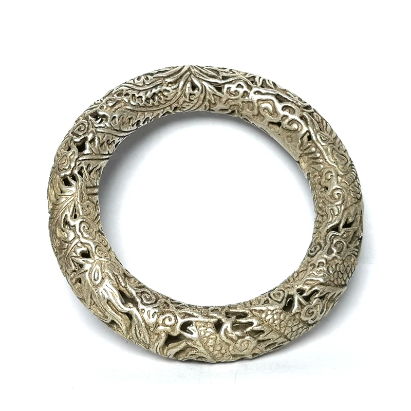 YIZHU CULTUER ART Size 61 mm Old Chinese Tibet Silver Handmade lucky Dragon and Phoenix Bracelet Decoration Gift Collection