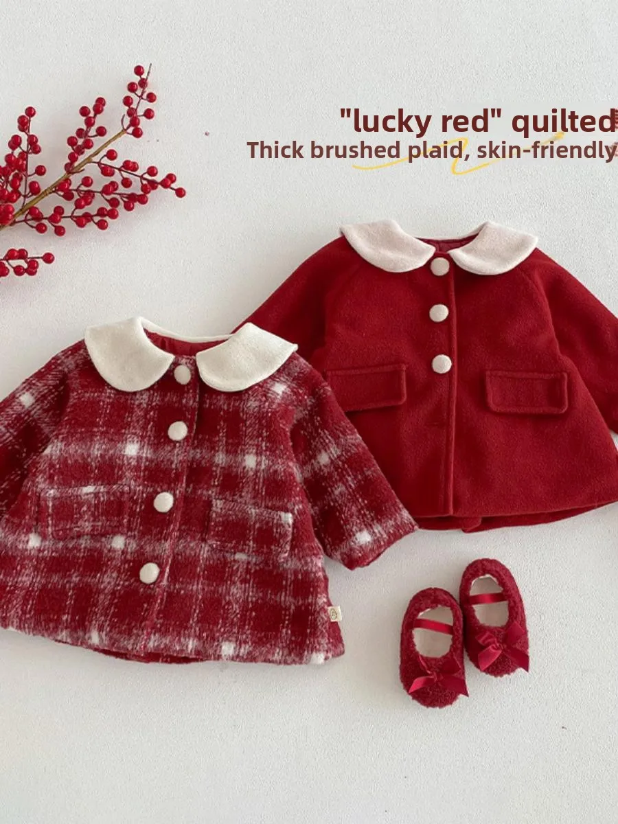 

Детское зимнее пальто в клетку из фланели с воротником-стойкой для девочек, новое, теплый ретро-стиль, на Новый год