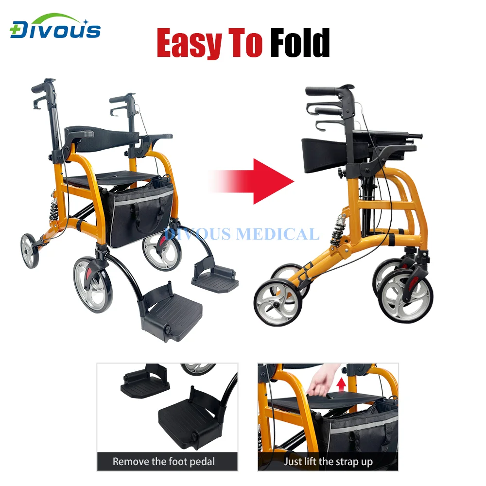 New Stylish Aluminum Alloy Portable Folding Rollator Senior Four Wheels Walker Disabled Elderly Walker