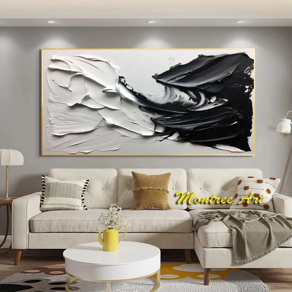 Hand Painted Oil Painting Black and White Wall Art Abstract Painting Black White Abstract Wall Art Black White Textured Painting