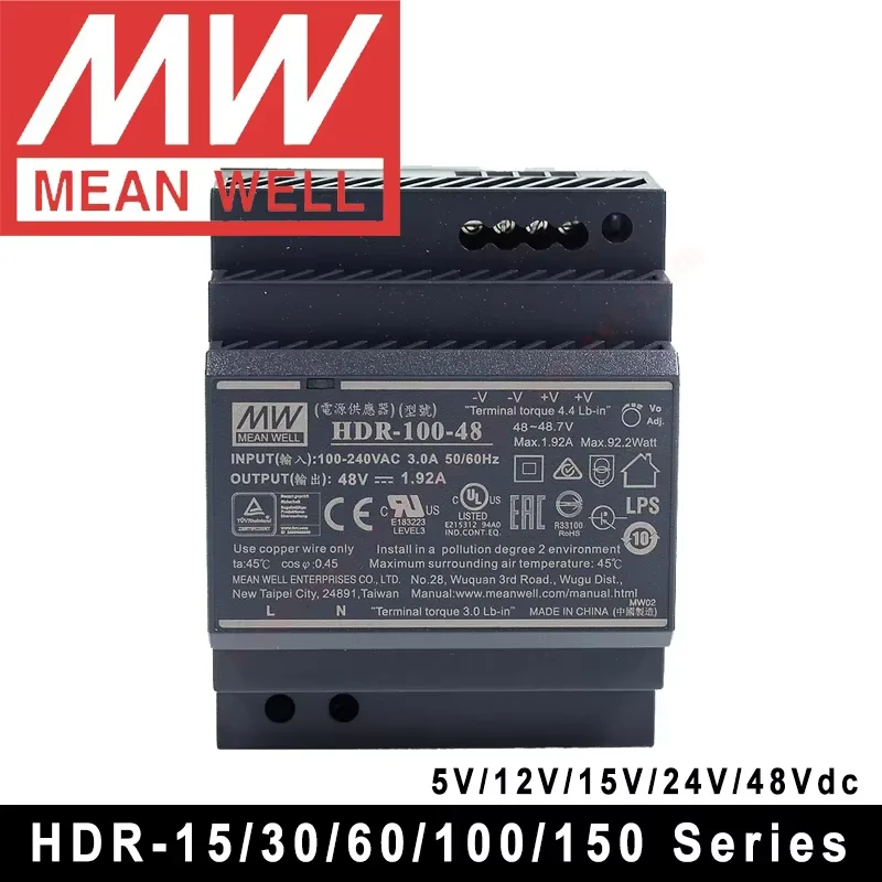 Mean Well HDR-15 30 60 100 150 Series DC 5V 12V 15V 24V 48V Meanwell Ultra Slim Step Shape DIN Rail Power Supply