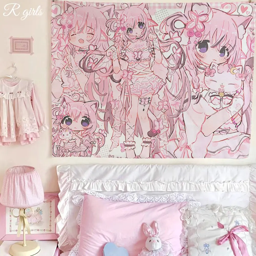 VIKAMA Pink Cat Ear Girls Wall Tapestry Harajuku Kawaii Wall Hanging Sweet Anime Illustration Dorm Bedroom Background Decor