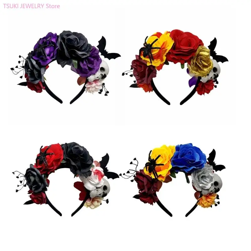 

62KE Realistic Flower Hairhoop Halloween Skull Design Hairband With Flexible Band