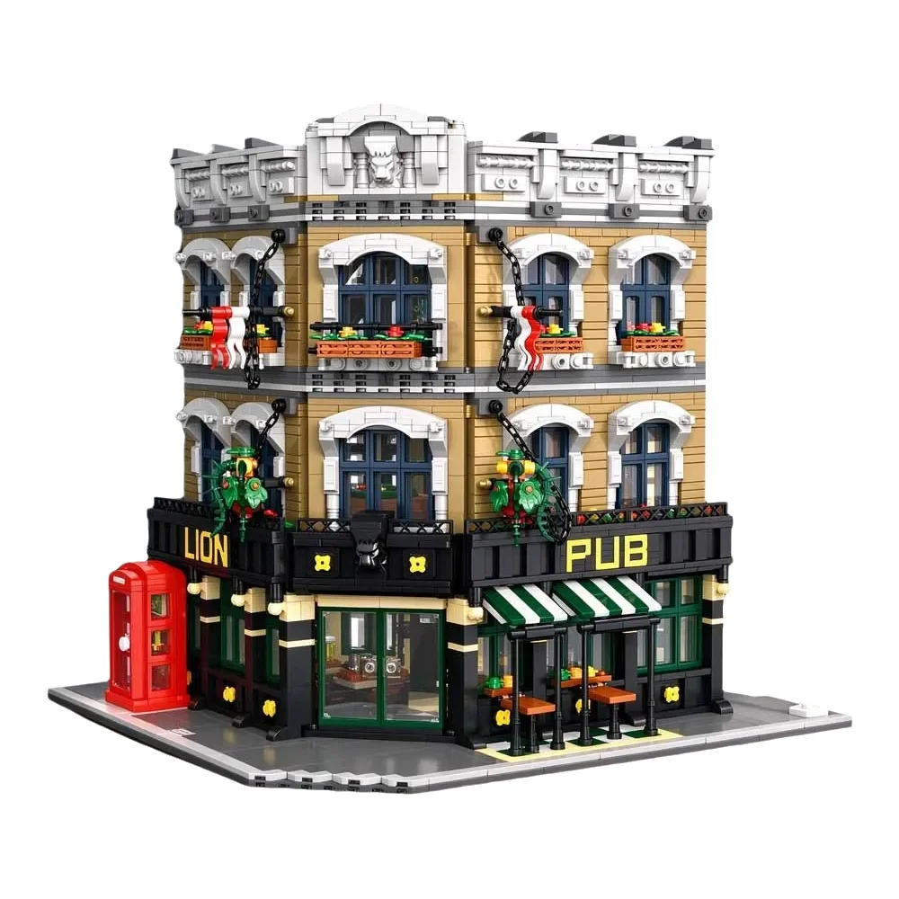 Kreative Löwen-Bar-Ecke, Pub, Straßenansicht, Bausteine, MOC, modulares Stadtarchitekturmodell, DIY, Bausatz für Erwachsene, Geschenk, 2970 Teile