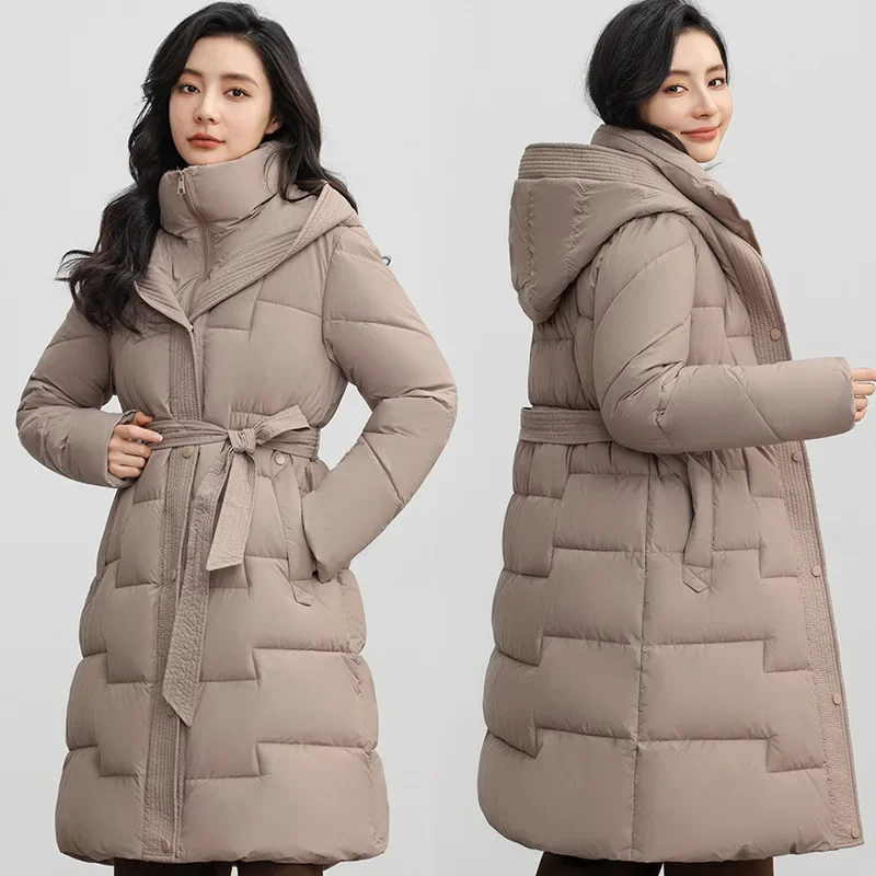 Veste en duvet de coton pour femme, mode d'hiver, Styles mi-longs, taille à lacets, épaisse, à capuche, col montant, vêtements pour femmes