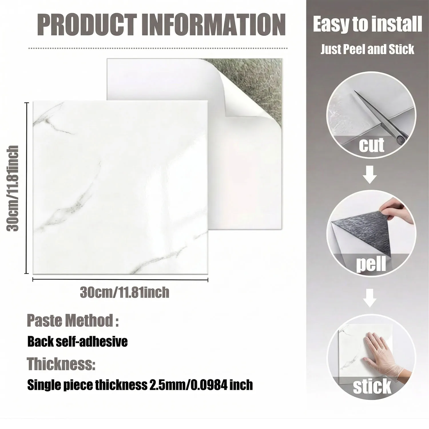 

12'' Marble Tile Wall Stickers 10-20Pcs Peel and Stick Waterproof Self Adhesive IXPE Wall Decal for Bathroom Kitchen Home Decor
