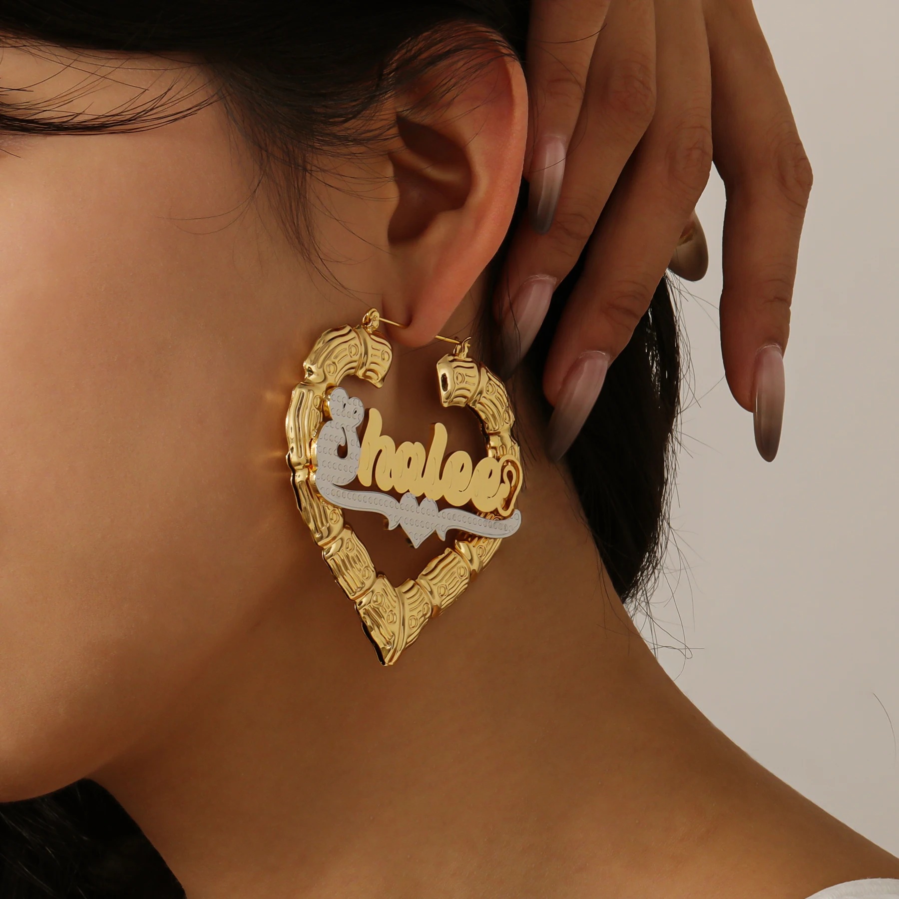 Custom Hoop Name Earrings Personalized Heart Names Earring Bamboo Novel Women's Earrings Nameplate Earring With Name For Women